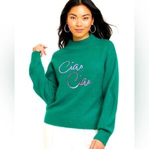 Target A New Day Ciao Ciao Graphic Crewneck Green Pink Pullover Sweater Size XS